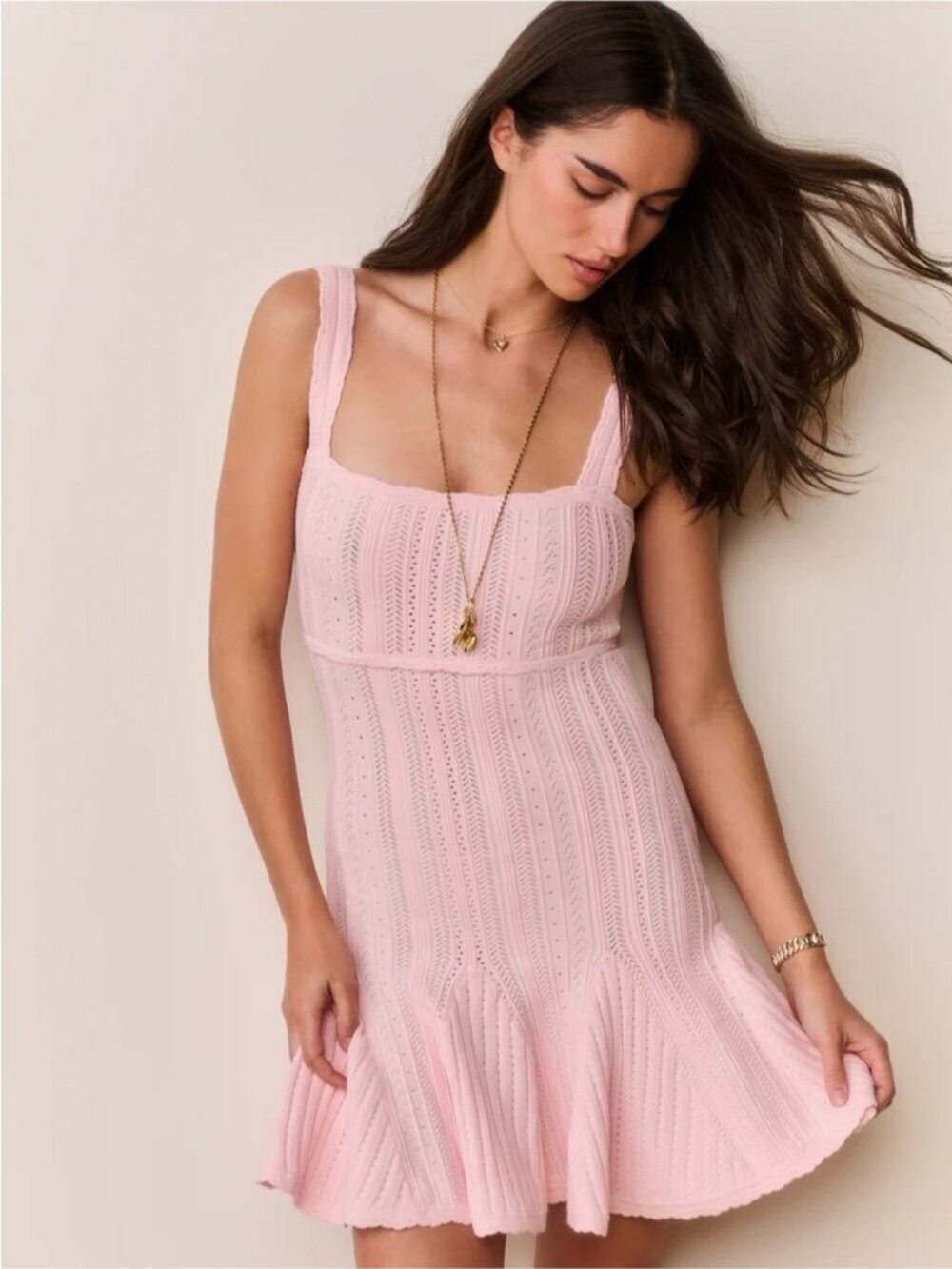 NWT Loveshackfancy Tabatha Stretch Pointelle Mini Dress Peach Sorbet Pink | XS - Picture 5 of 16